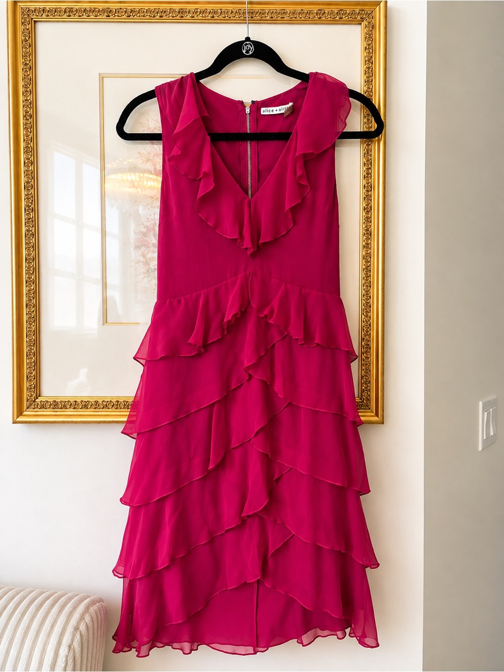 Alice + Olivia Magenta Layered Ruffle V-Neck Dress